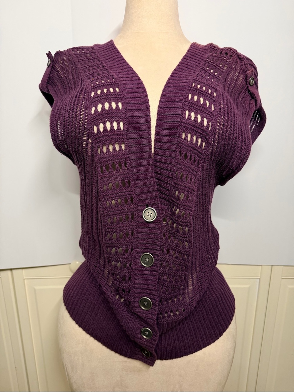 Mudd Large Purple Open Knit Cardigan Vest Y2K Boho 100% Cotton Crochet